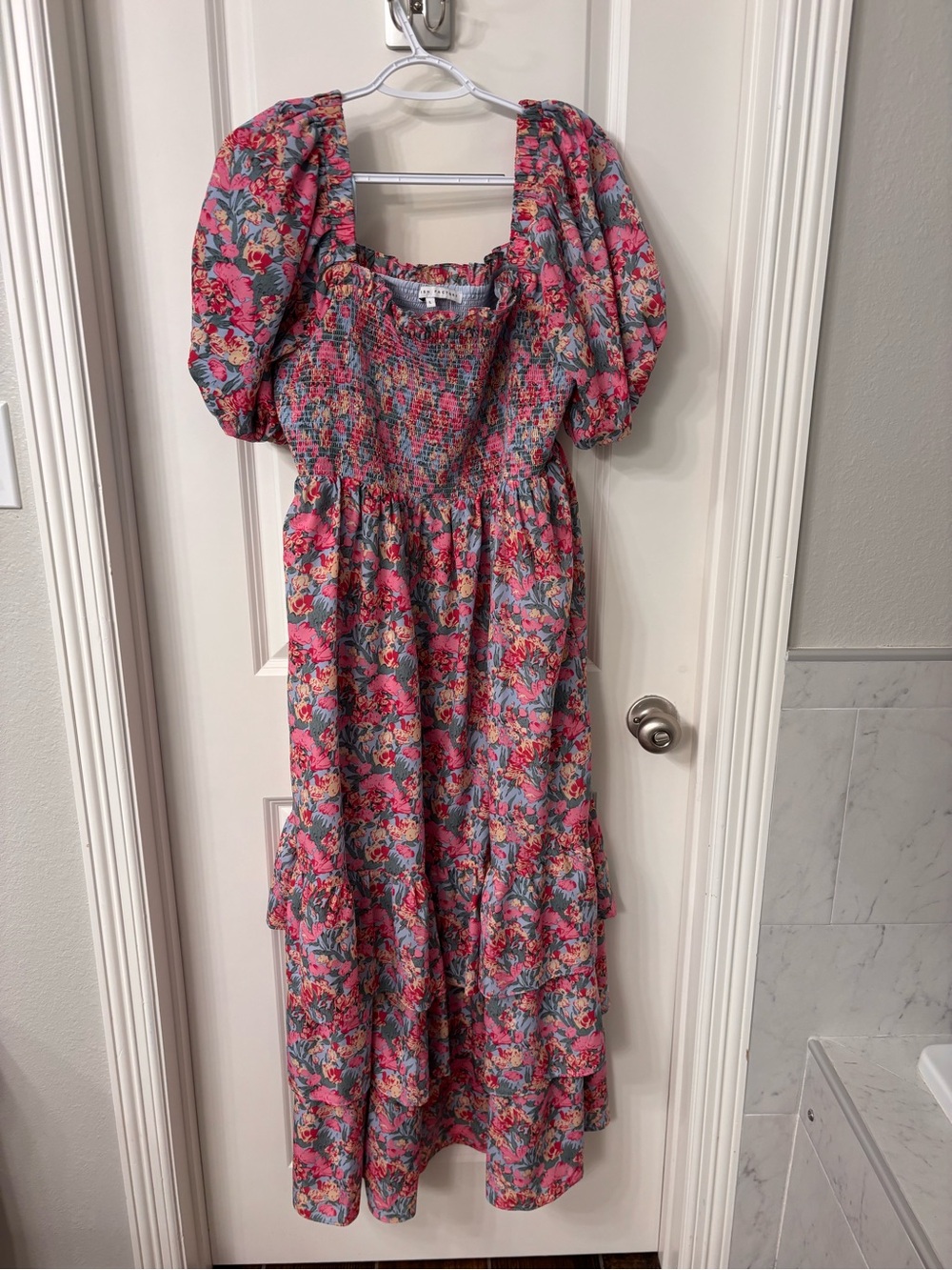 English Factory Pink Floral Puff-Sleeve Midi Dress